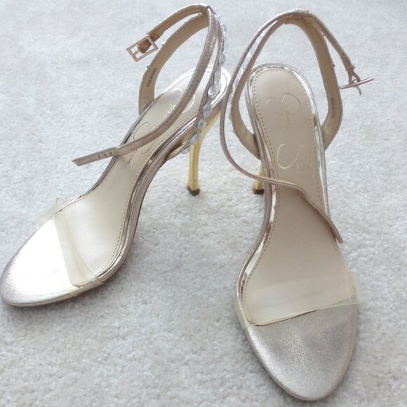 JESSICA SIMPSON shimmery gold single strap heels with crystal bead accets - Picture 7 of 11